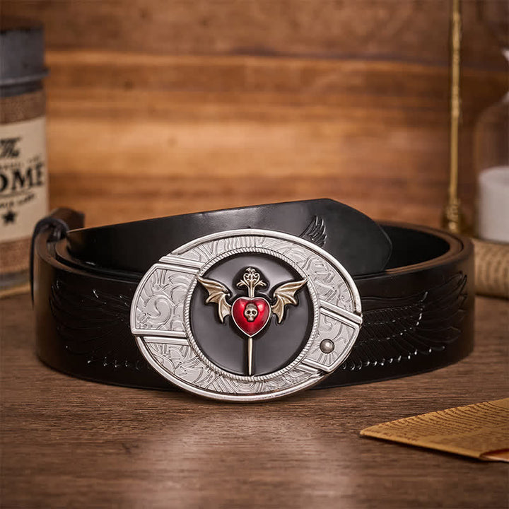 Bat Wings & Skull Vampire Heart DIY Hidden Folding Knife Buckle Leather Belt - Bat Heart - Black Embossed Eagle Belt - 42 - image 2
