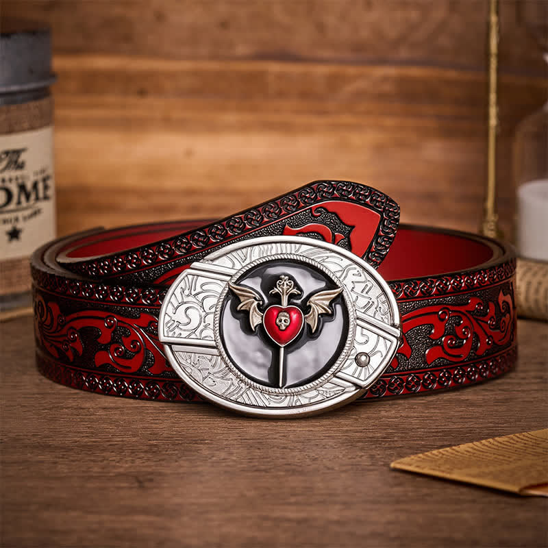 Bat Wings & Skull Vampire Heart DIY Hidden Folding Knife Buckle Leather Belt - Bat Heart - Brown Carved Belt - 42 - image 6