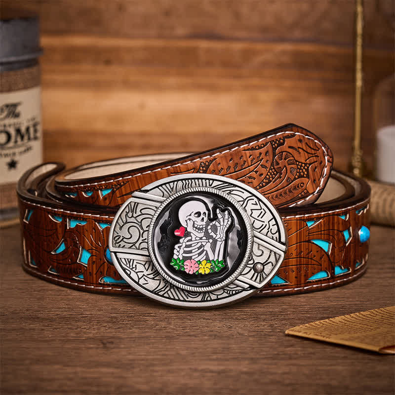 Okay Skeleton Flower DIY Hidden Folding Knife Buckle Leather Belt - Okay Skeleton - Turquoise Carved Belt - 42 - image 3