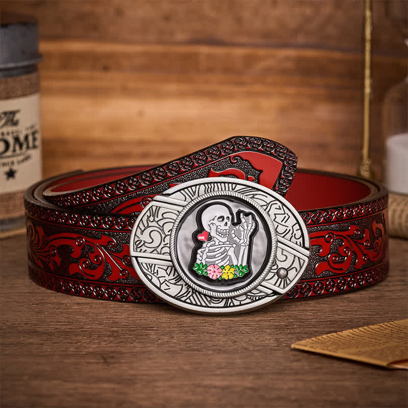 Okay Skeleton Flower DIY Hidden Folding Knife Buckle Leather Belt - Okay Skeleton - Brown Carved Belt - 42 - image 6