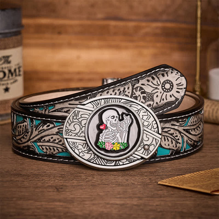 Okay Skeleton Flower DIY Hidden Folding Knife Buckle Leather Belt - Okay Skeleton - Gray Floral Belt - 42 - image 8