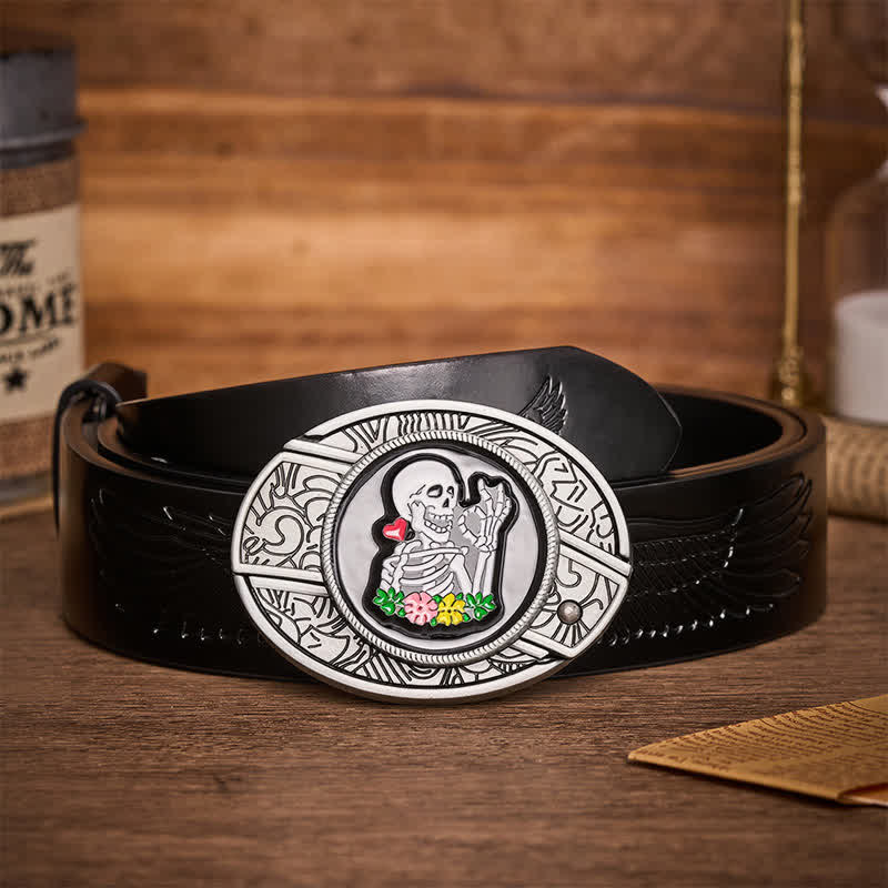 Okay Skeleton Flower DIY Hidden Folding Knife Buckle Leather Belt - Okay Skeleton - Black Embossed Eagle Belt - 42 - image 2