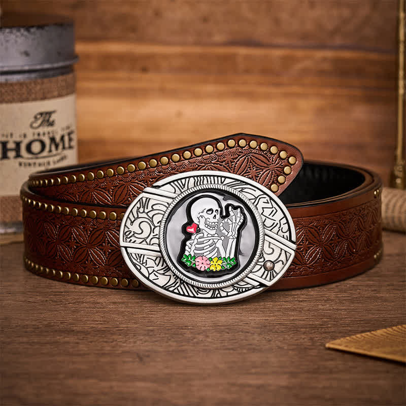 Okay Skeleton Flower DIY Hidden Folding Knife Buckle Leather Belt - Okay Skeleton - Brown Rivet Belt - 42 - image 4
