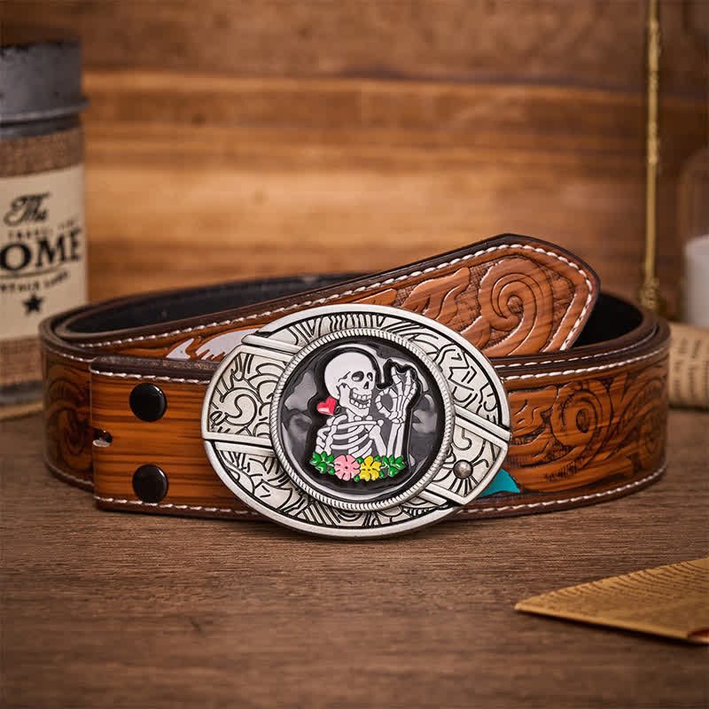 Okay Skeleton Flower DIY Hidden Folding Knife Buckle Leather Belt - Okay Skeleton - Brown Feather Belt - 40 - image 7