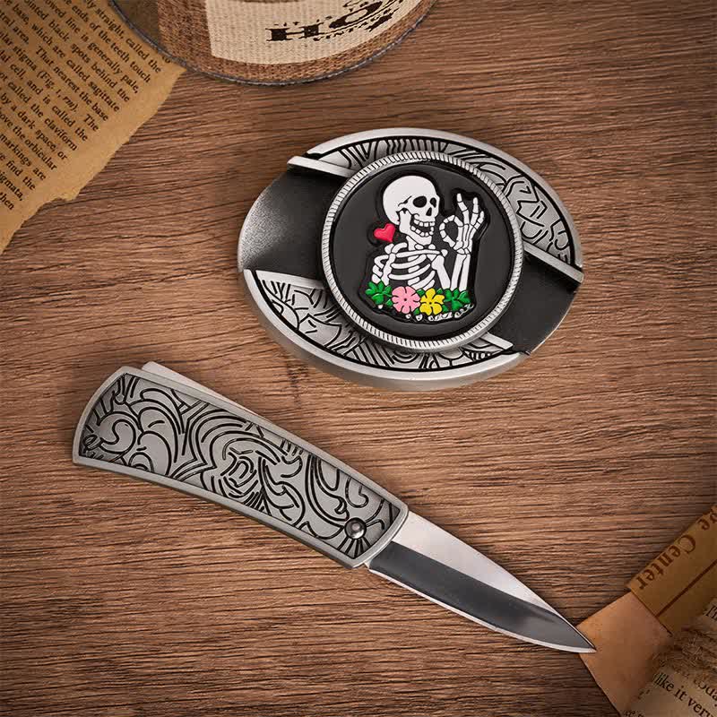 Okay Skeleton Flower DIY Hidden Folding Knife Buckle Leather Belt - image 1