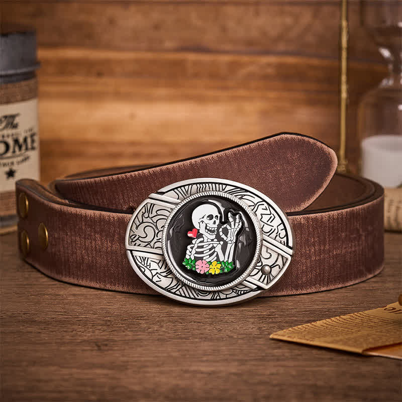 Okay Skeleton Flower DIY Hidden Folding Knife Buckle Leather Belt - Okay Skeleton - Brown Distressed Belt - 42 - image 5