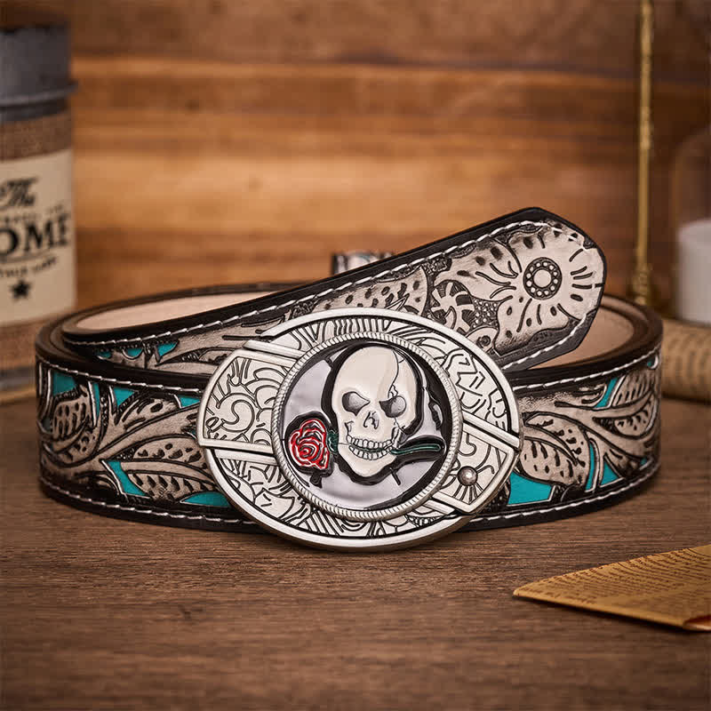 Gothic Skull Rose Kiss DIY Hidden Folding Knife Buckle Leather Belt - Skull Rose Kiss - Gray Floral Belt - 42 - image 8