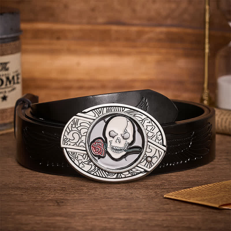 Gothic Skull Rose Kiss DIY Hidden Folding Knife Buckle Leather Belt - Skull Rose Kiss - Black Embossed Eagle Belt - 42 - image 2