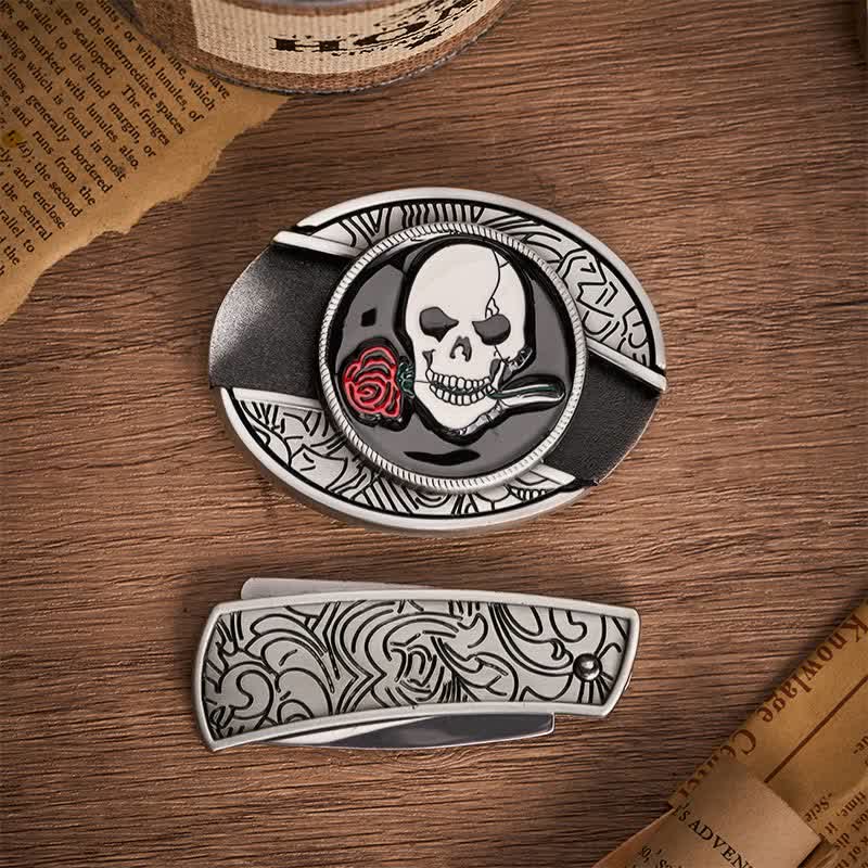 Gothic Skull Rose Kiss DIY Hidden Folding Knife Buckle Leather Belt - image 10