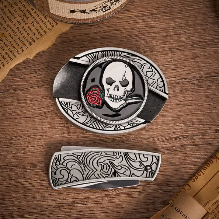 Gothic Skull Rose Kiss DIY Hidden Folding Knife Buckle Leather Belt - image 10