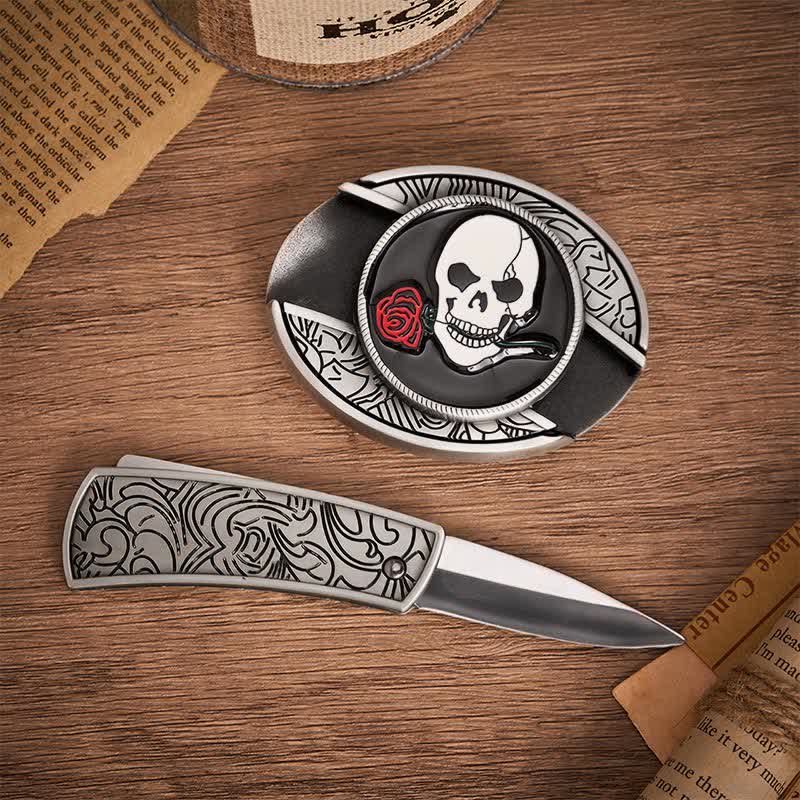 Gothic Skull Rose Kiss DIY Hidden Folding Knife Buckle Leather Belt - image 1