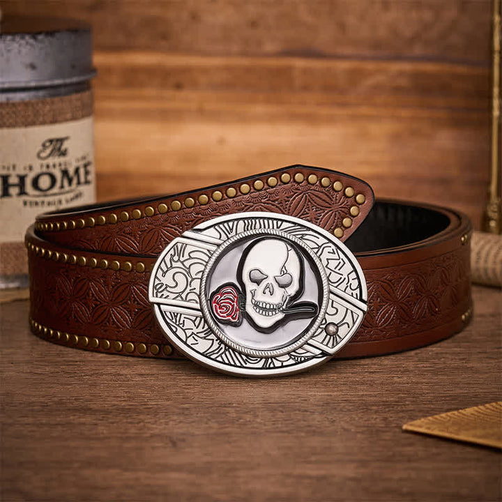 Gothic Skull Rose Kiss DIY Hidden Folding Knife Buckle Leather Belt - Skull Rose Kiss - Brown Rivet Belt - 42 - image 4