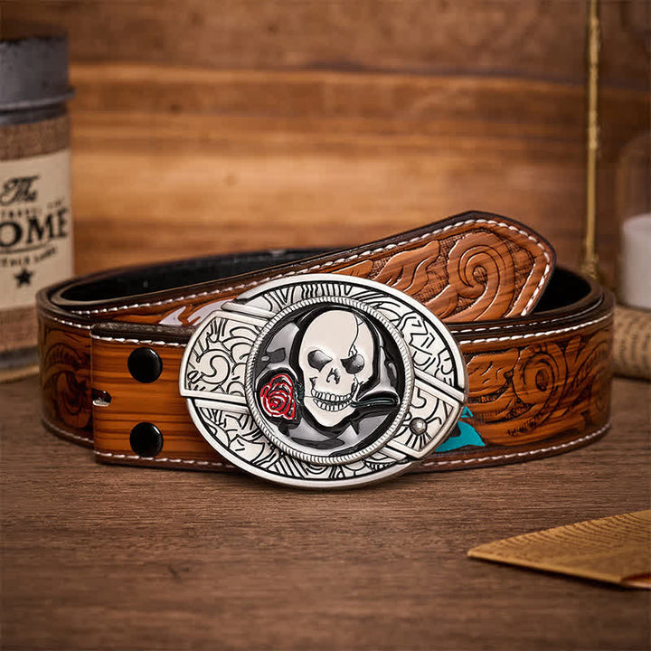 Gothic Skull Rose Kiss DIY Hidden Folding Knife Buckle Leather Belt - Skull Rose Kiss - Brown Feather Belt - 40 - image 7