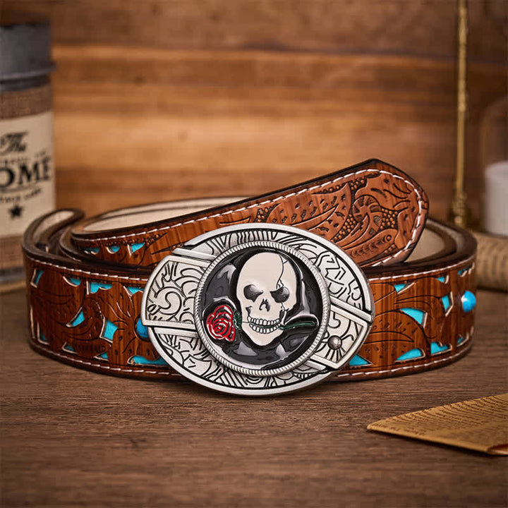 Gothic Skull Rose Kiss DIY Hidden Folding Knife Buckle Leather Belt - Skull Rose Kiss - Turquoise Carved Belt - 42 - image 3