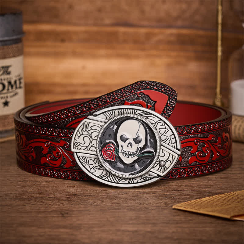 Gothic Skull Rose Kiss DIY Hidden Folding Knife Buckle Leather Belt - Skull Rose Kiss - Brown Carved Belt - 42 - image 6
