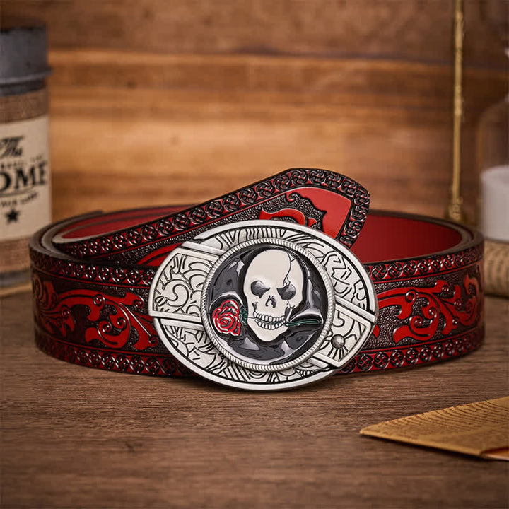 Gothic Skull Rose Kiss DIY Hidden Folding Knife Buckle Leather Belt - Skull Rose Kiss - Brown Carved Belt - 42 - image 6