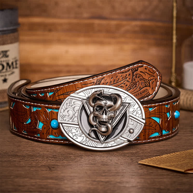 Triangle Demon Snake Skull DIY Hidden Folding Knife Buckle Leather Belt - Snake Skull - Turquoise Carved Belt - 42 - image 3