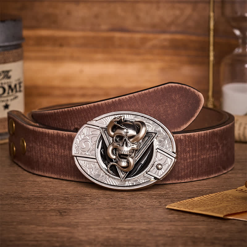 Triangle Demon Snake Skull DIY Hidden Folding Knife Buckle Leather Belt - Snake Skull - Brown Distressed Belt - 42 - image 5