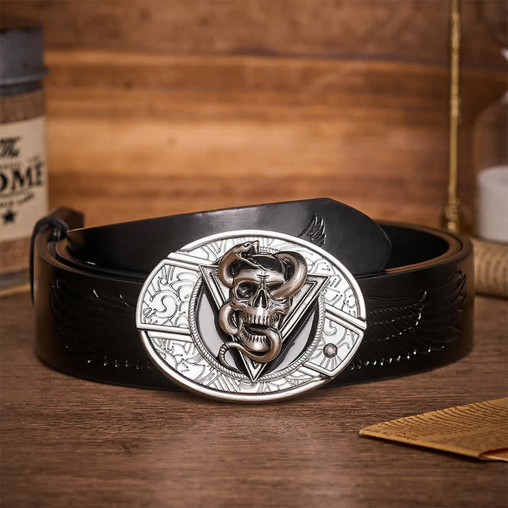 Triangle Demon Snake Skull DIY Hidden Folding Knife Buckle Leather Belt - Snake Skull - Black Embossed Eagle Belt - 42 - image 2