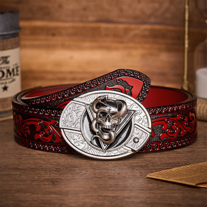 Triangle Demon Snake Skull DIY Hidden Folding Knife Buckle Leather Belt - Snake Skull - Brown Carved Belt - 42 - image 6