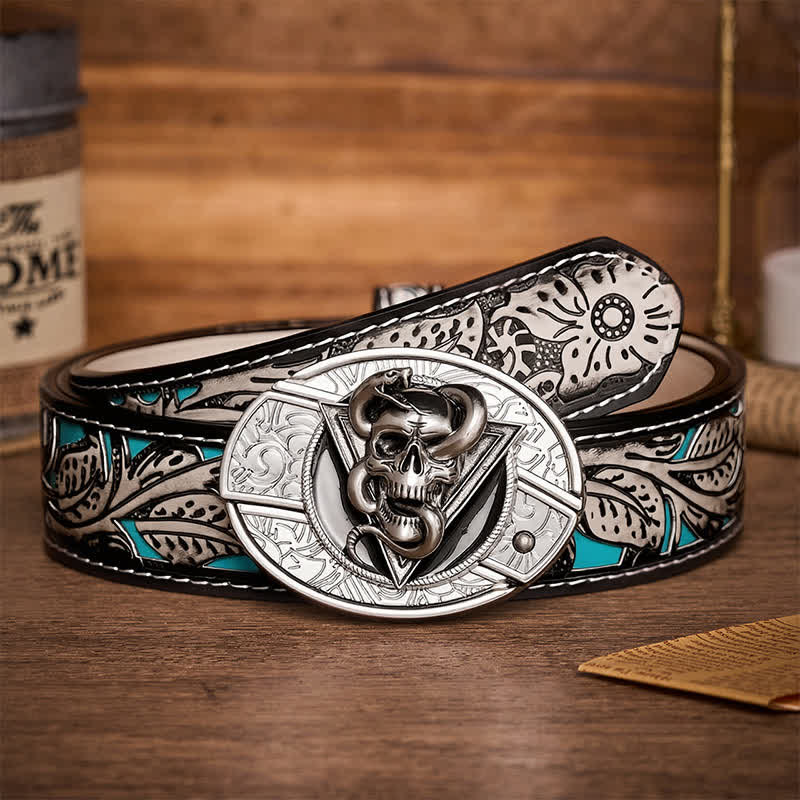 Triangle Demon Snake Skull DIY Hidden Folding Knife Buckle Leather Belt - Snake Skull - Gray Floral Belt - 42 - image 8
