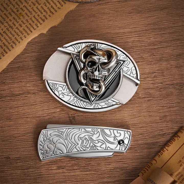 Triangle Demon Snake Skull DIY Hidden Folding Knife Buckle Leather Belt - image 10