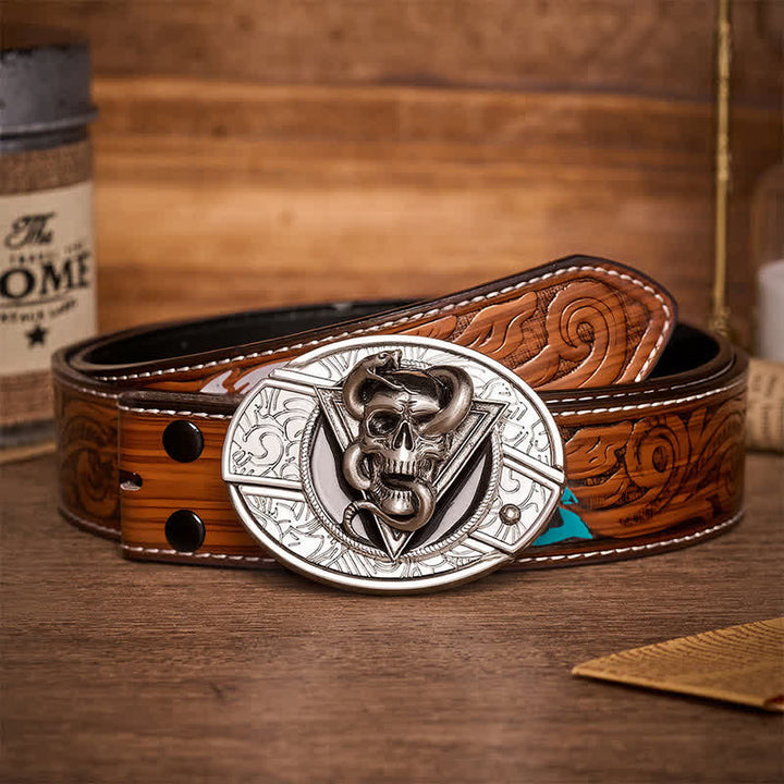 Triangle Demon Snake Skull DIY Hidden Folding Knife Buckle Leather Belt - Snake Skull - Brown Feather Belt - 40 - image 7