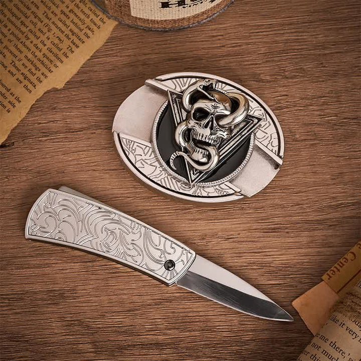 Triangle Demon Snake Skull DIY Hidden Folding Knife Buckle Leather Belt - image 1