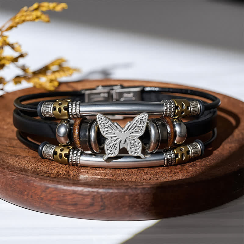 Vintage Butterfly Multi-Layer Viking Style Leather Bracelet - Black & Silver - image 7