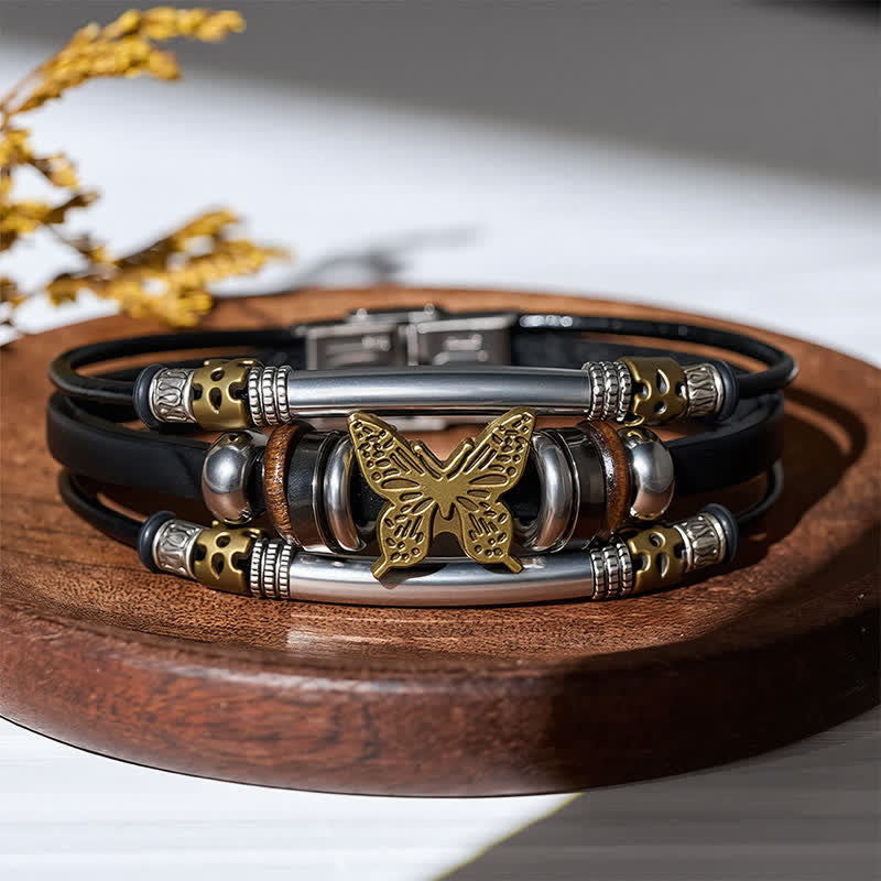 Vintage Butterfly Multi-Layer Viking Style Leather Bracelet - Black & Bronze - image 0