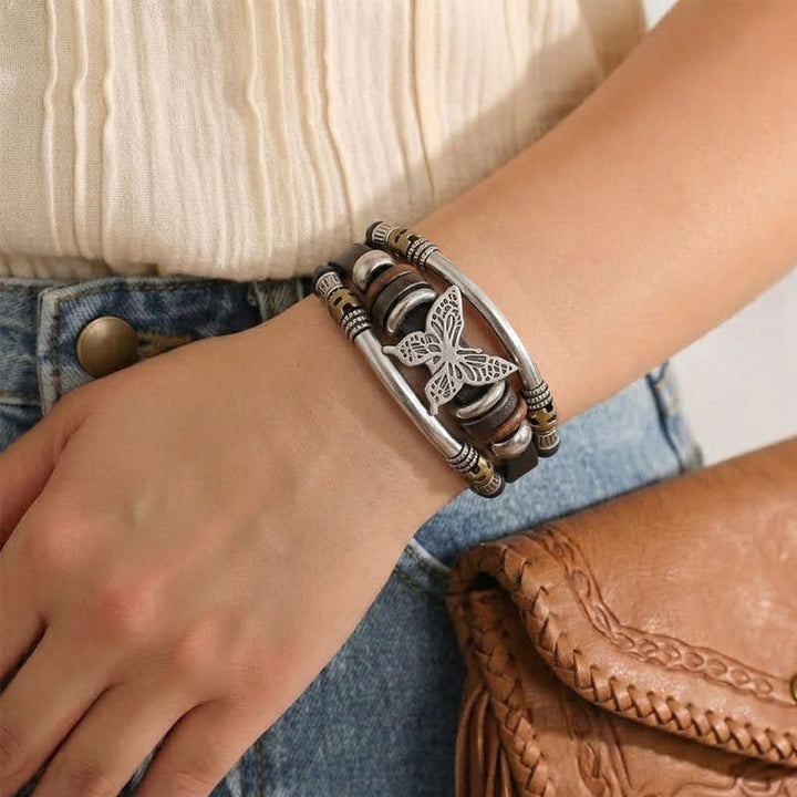 Vintage Butterfly Multi-Layer Viking Style Leather Bracelet - image 1