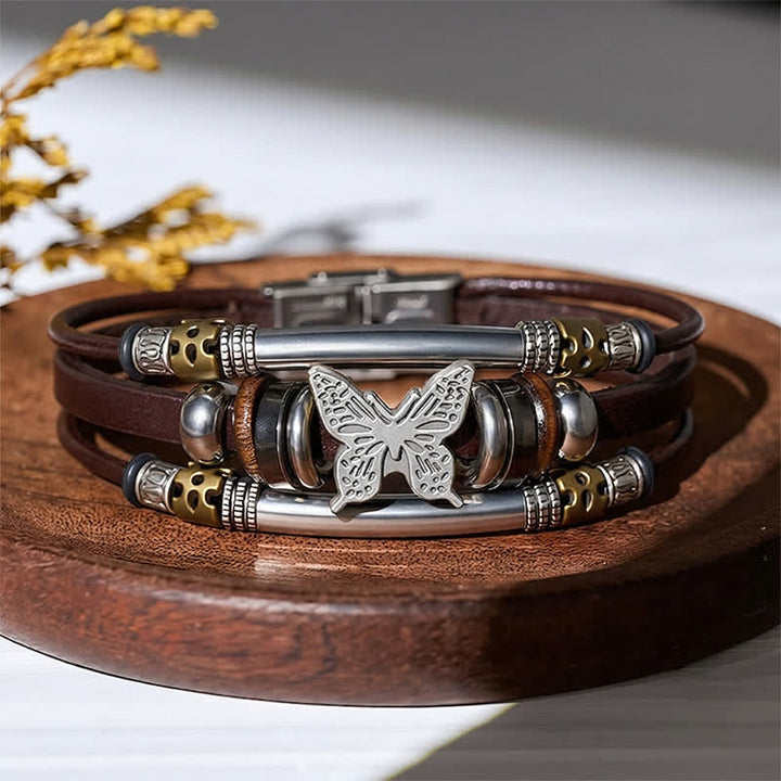 Vintage Butterfly Multi-Layer Viking Style Leather Bracelet - Brown & Silver - image 8