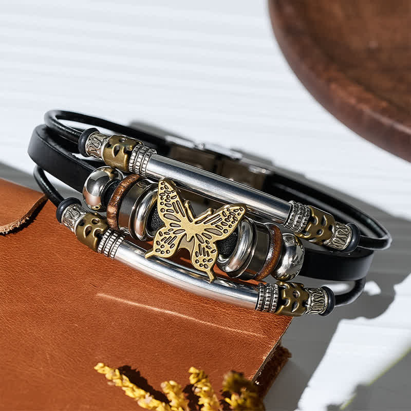 Vintage Butterfly Multi-Layer Viking Style Leather Bracelet - image 3