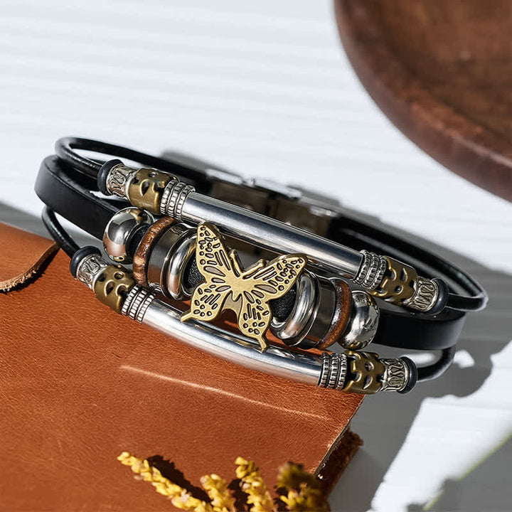 Vintage Butterfly Multi-Layer Viking Style Leather Bracelet - image 3