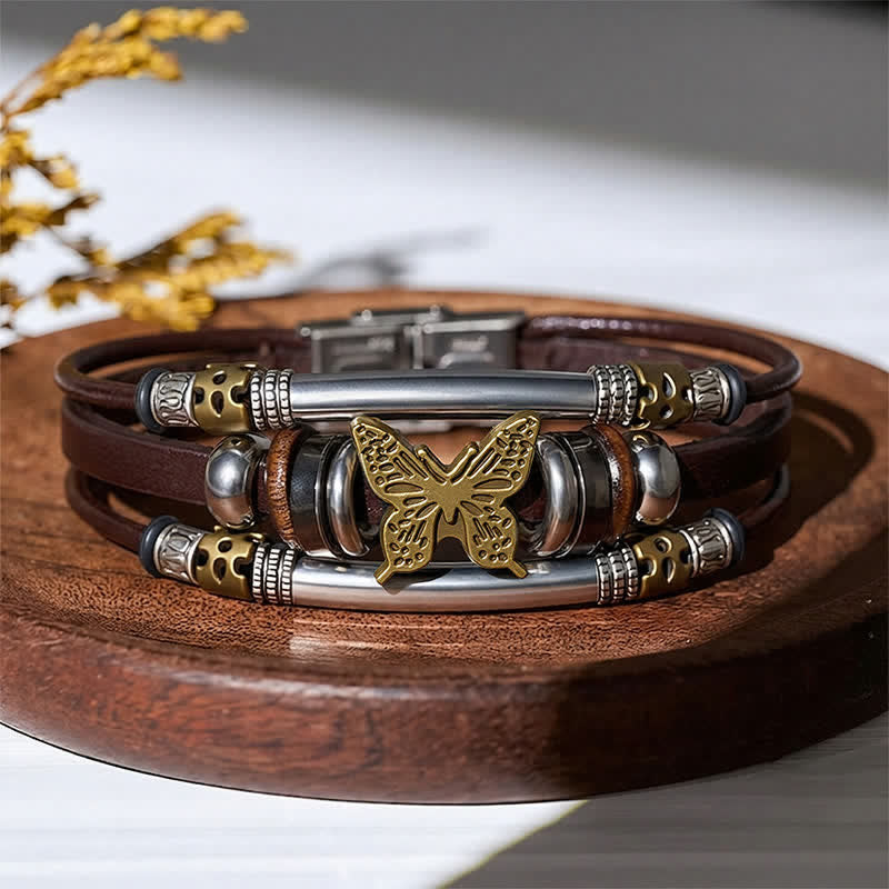 Vintage Butterfly Multi-Layer Viking Style Leather Bracelet - Brown & Bronze - image 6
