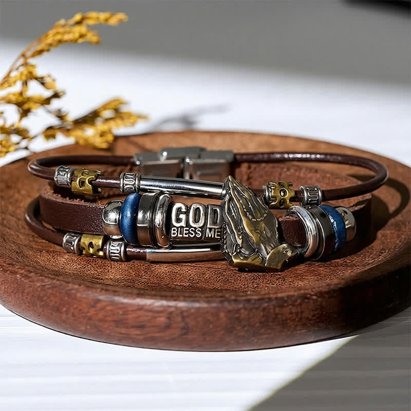 God Bless Me Praying Hands Vintage Leather Bracelet - Brown - image 5