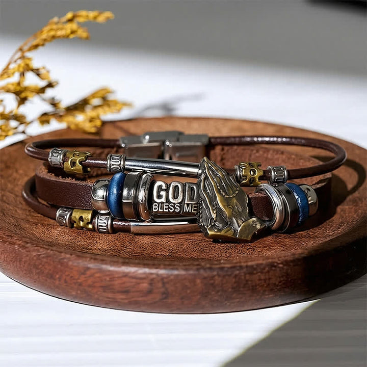 God Bless Me Praying Hands Vintage Leather Bracelet - Brown - image 5