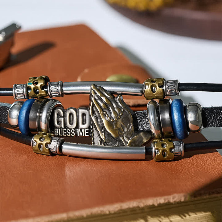 God Bless Me Praying Hands Vintage Leather Bracelet - image 4