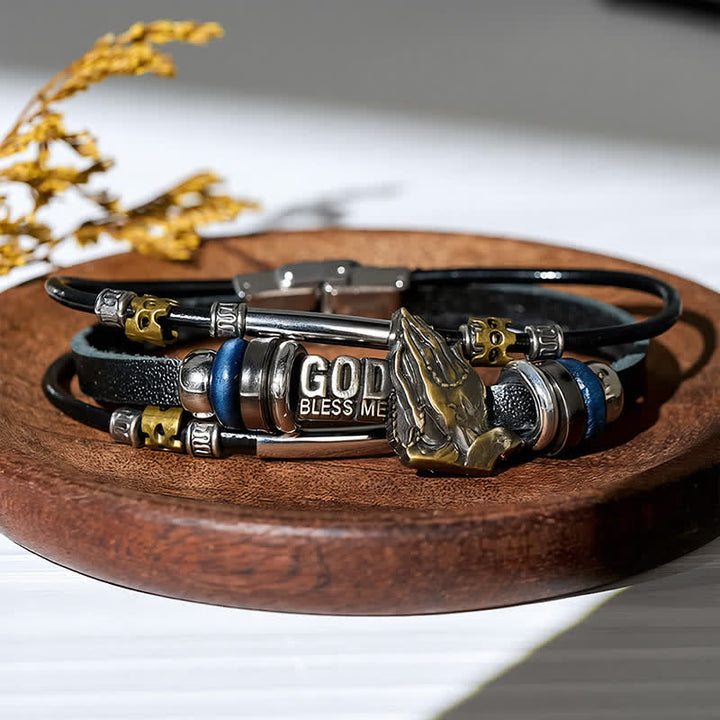 God Bless Me Praying Hands Vintage Leather Bracelet - Black - image 0