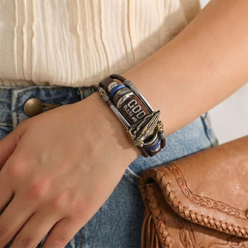 God Bless Me Praying Hands Vintage Leather Bracelet - image 1