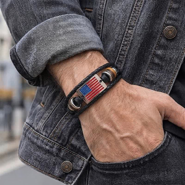 Vintage Usa Flag Adjustable Snap Button Leather Bracelet - image 2