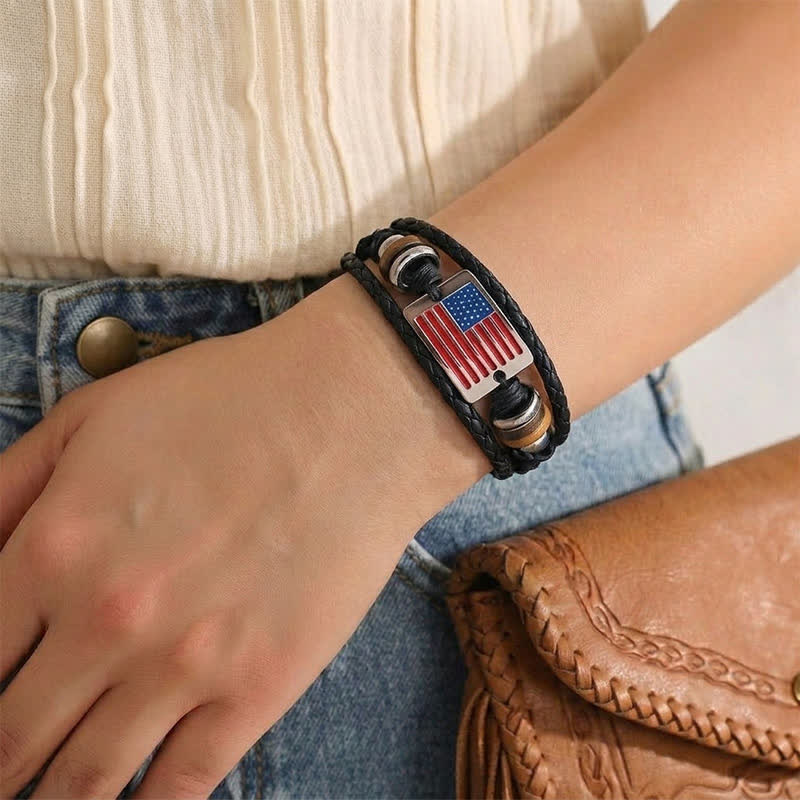 Vintage Usa Flag Adjustable Snap Button Leather Bracelet - image 1