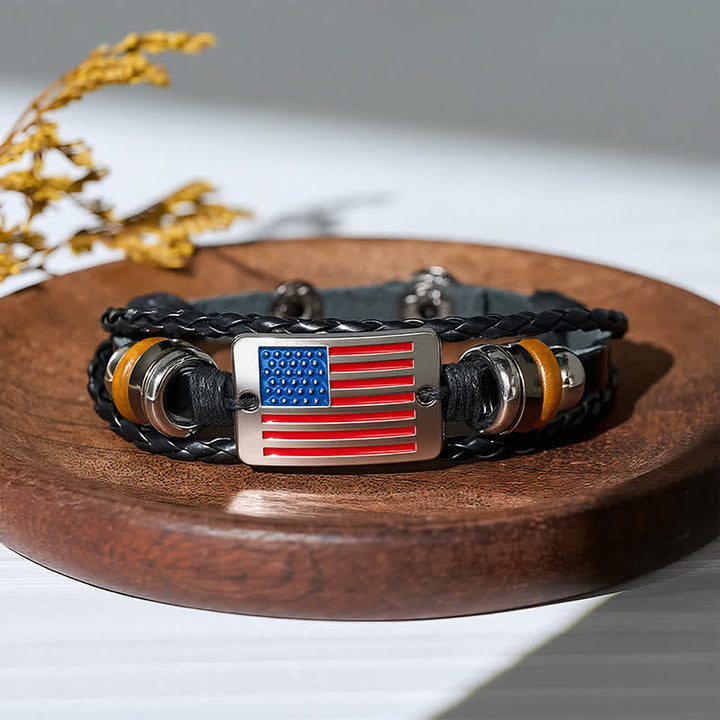 Vintage Usa Flag Adjustable Snap Button Leather Bracelet - Black - image 0