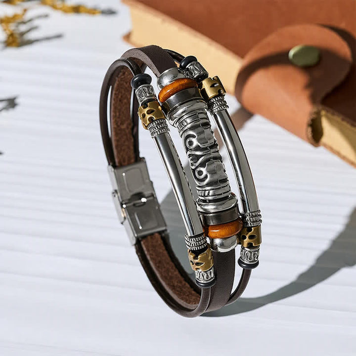 Punk Retro Hollow Alloy Bead Multi-strand Leather Bracelet - Coffee - image 7