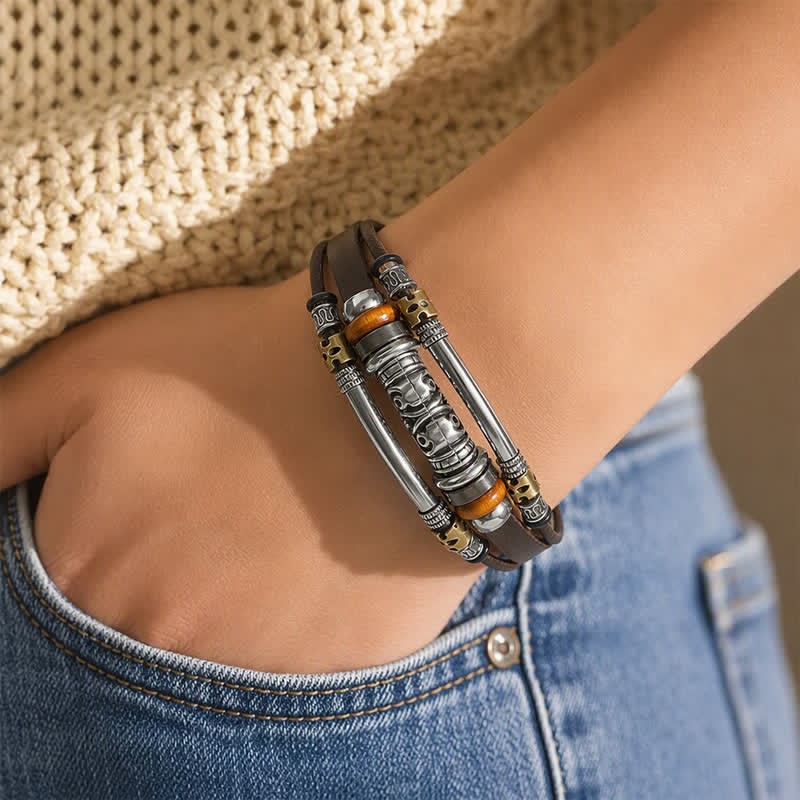 Punk Retro Hollow Alloy Bead Multi-strand Leather Bracelet - image 1