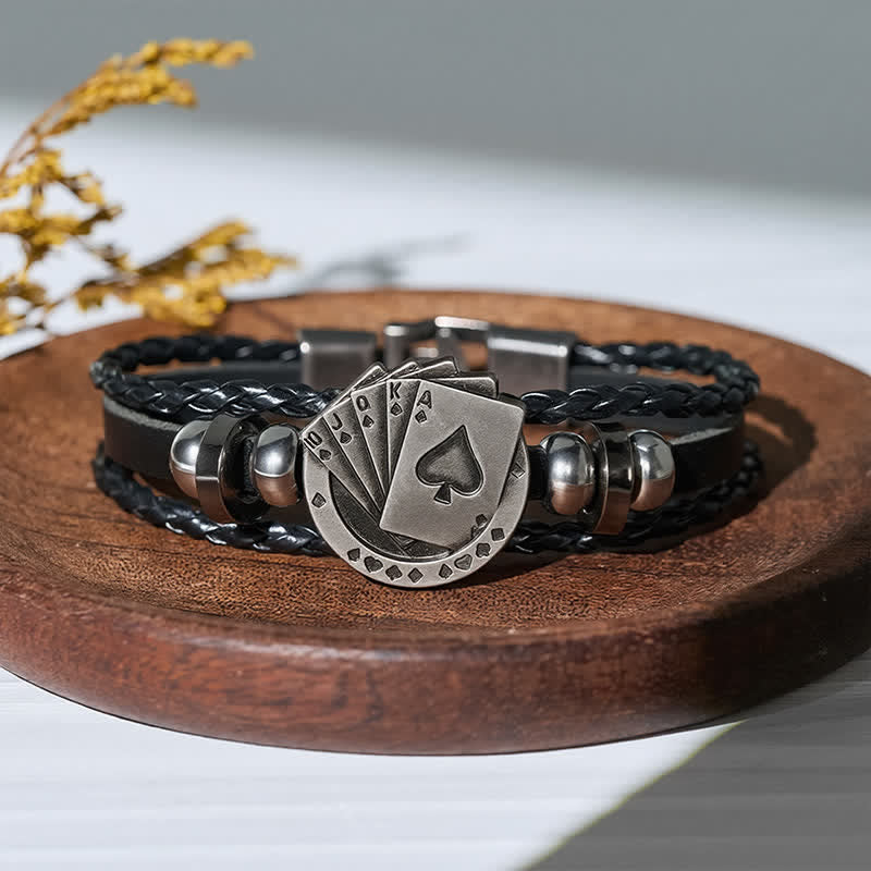 Royal Flush Poker Playing Cards Leather Bracelet - Black - image 0