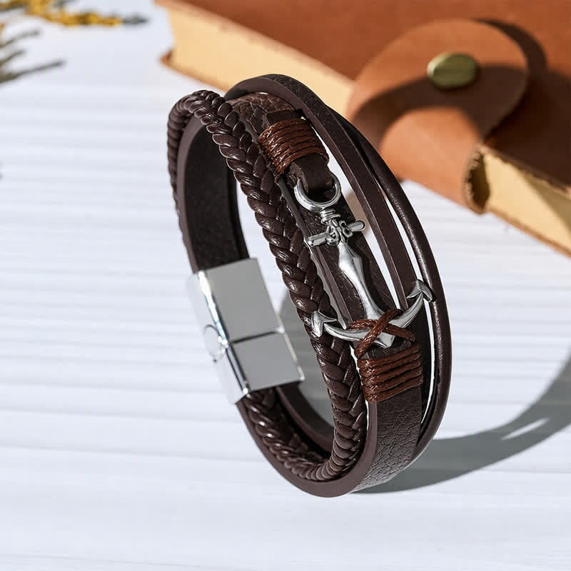 Nautical Anchor Adjustable Snap Button Leather Bracelet - Coffee - image 0