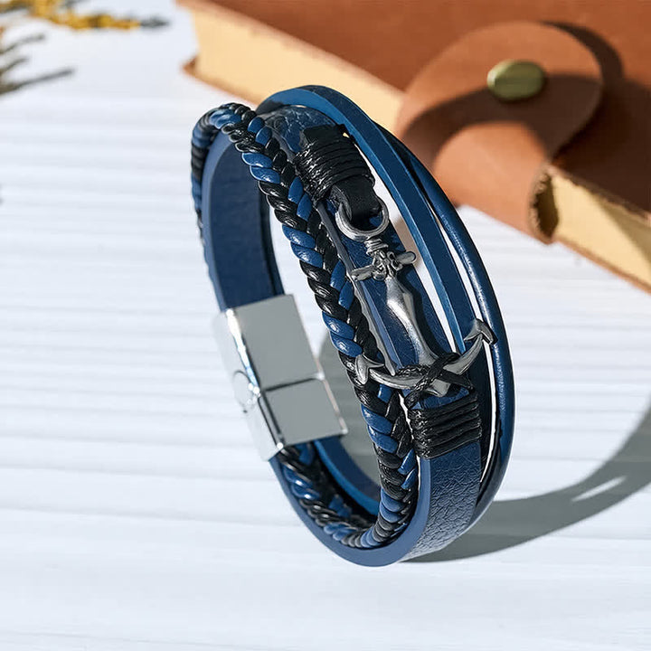 Nautical Anchor Adjustable Snap Button Leather Bracelet - Navy Blue - image 3