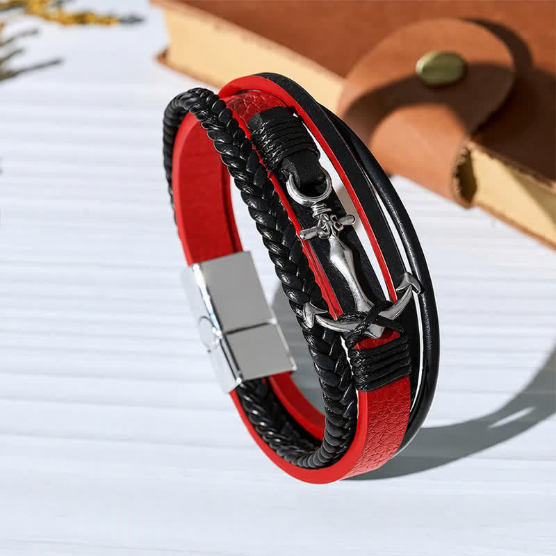 Nautical Anchor Adjustable Snap Button Leather Bracelet - Red - image 9