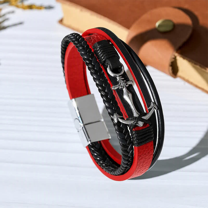 Nautical Anchor Adjustable Snap Button Leather Bracelet - Red - image 9